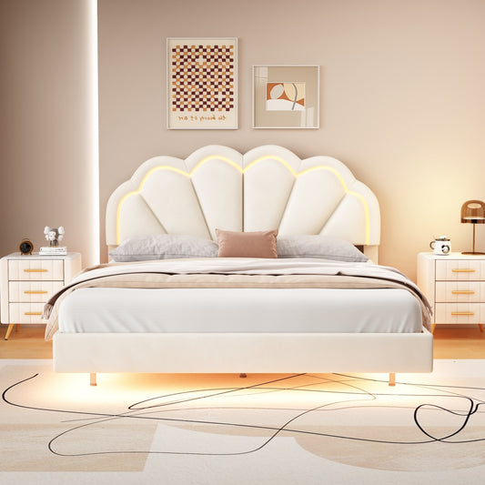 Queen Upholstered Smart LED Bed Frame with Elegant Flowers Headboard,Floating Velvet Platform LED Bed with Wooden Slats Support,Beige