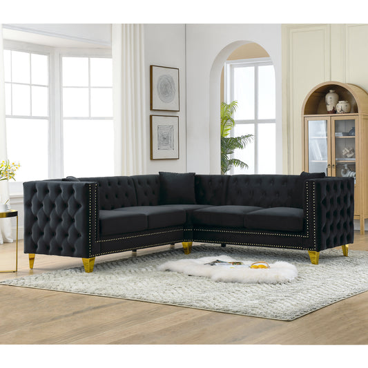 82.2-Inch Velvet L-Shaped Corner Sofa with Nailhead Trim and Solid Wood Frame