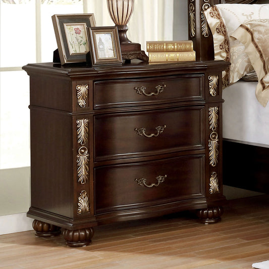 Formal Traditional 1pc Nightstand Only Brown Cherry Solid wood 3-Drawers Decorative Detail Brass Arch Pull Bedroom Furniture