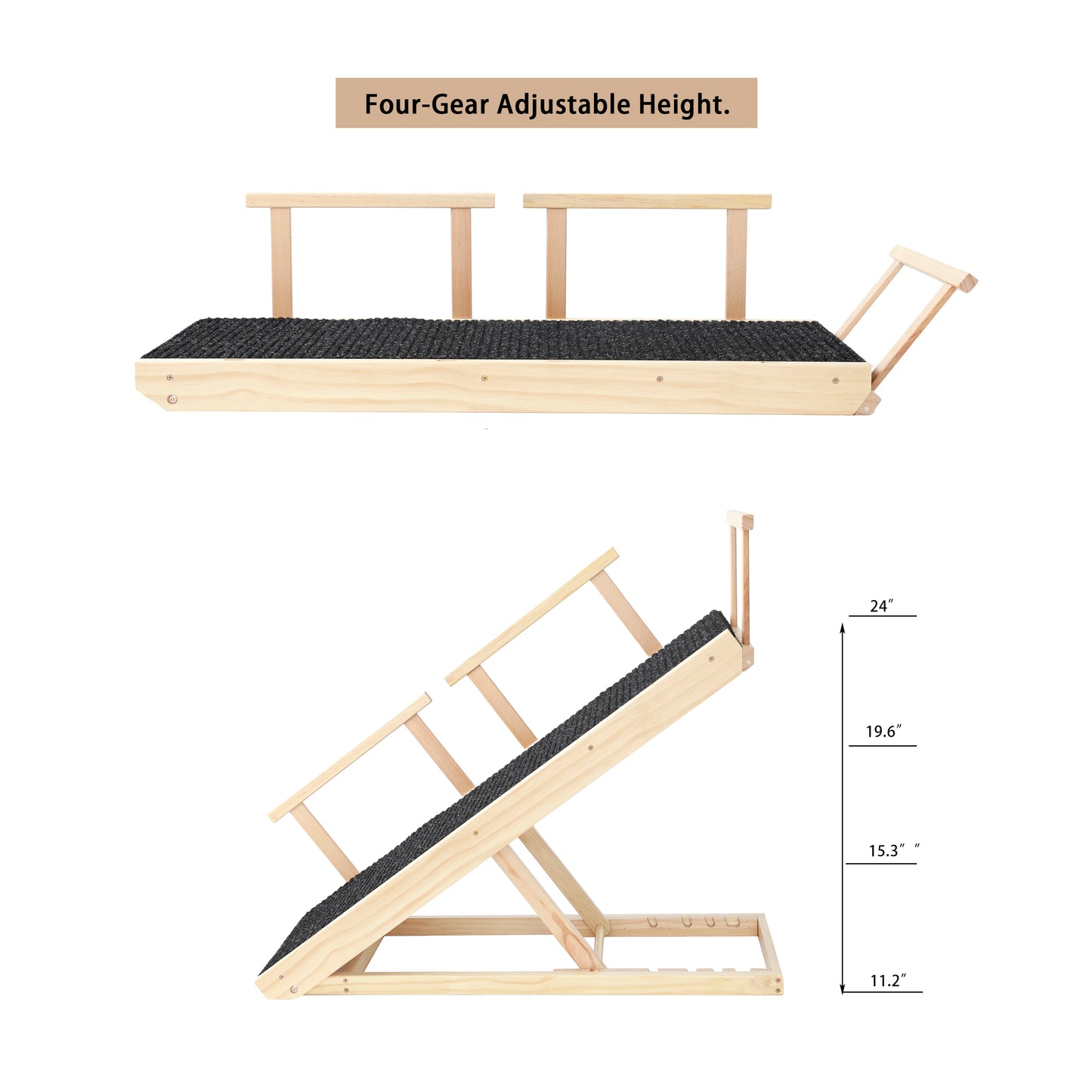 Tall Adjustable Pet Ramp, Folding Portable Wooden Dog Cat Ramp with Safety Side Rails, Non-Slip Paw Traction Surface Dog Step for Car, SUV, Bed, Couch, Adjustable Height from 9.3" to 24"