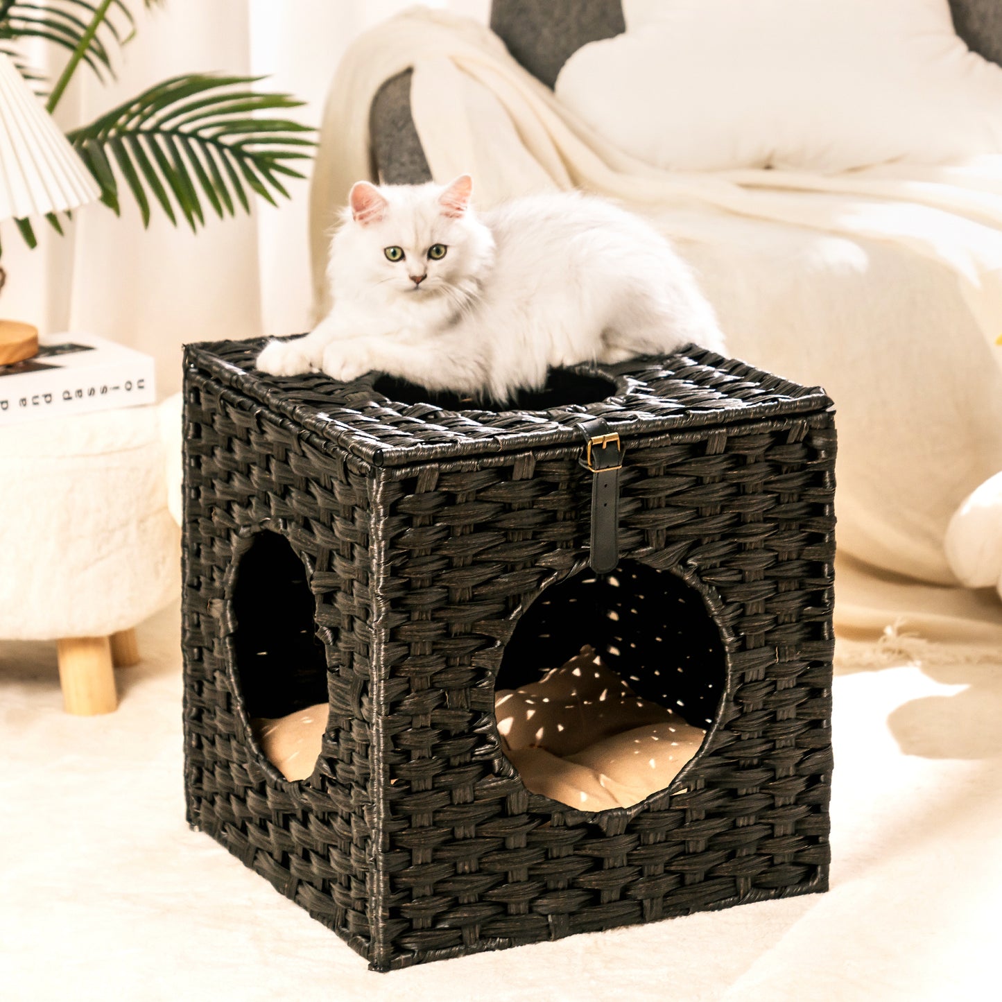 Rattan Cat Litter,Cat Bed with Rattan Ball and Cushion,Black