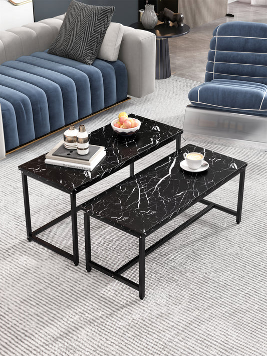 Elegant Marble Black Nesting Coffee Tables, 2-Piece Set