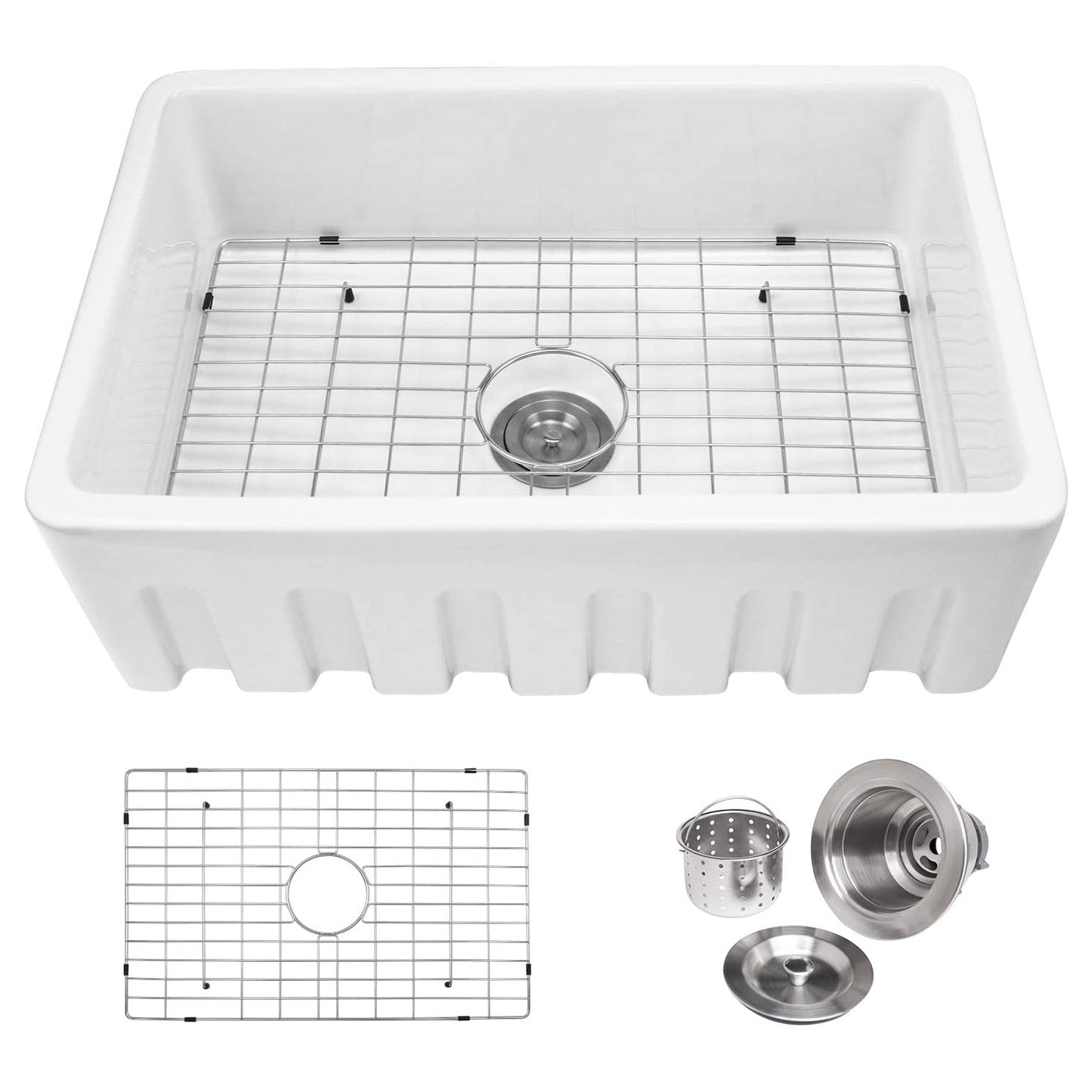 Single Bowl Farmhouse Kitchen Sink with Deep Basin and Basket Strainer