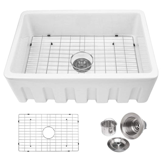 Single Bowl Farmhouse Kitchen Sink with Deep Basin and Basket Strainer