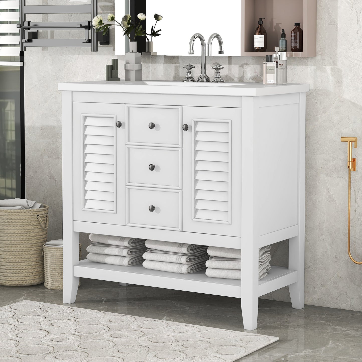 36" Bathroom Vanity with Ceramic Basin, Two Cabinets and Drawers, Open Shelf, Solid Wood Frame, White