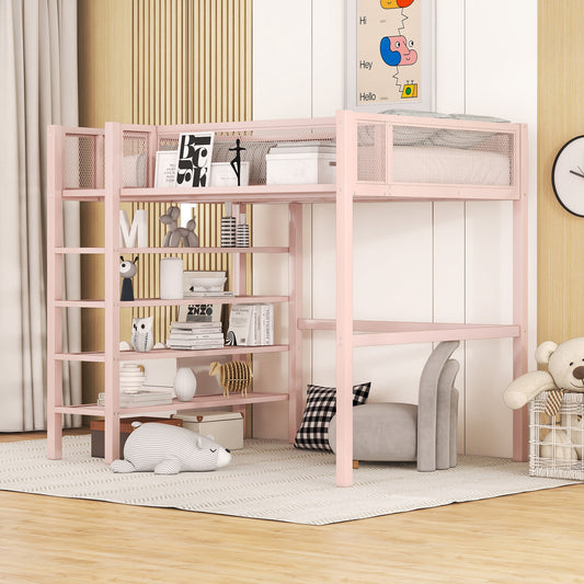 Twin Size Metal Loft Bed with 4-Tier Shelves and Storage, Pink