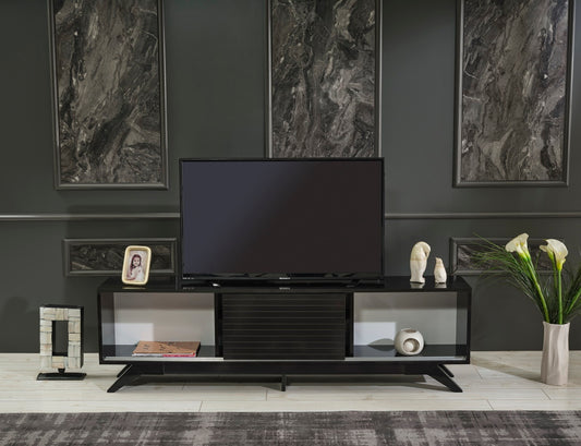 FurnisHome Store Luxia Mid Century Modern TV Stand with Sliding Doors and Shelves - Black 67 inch