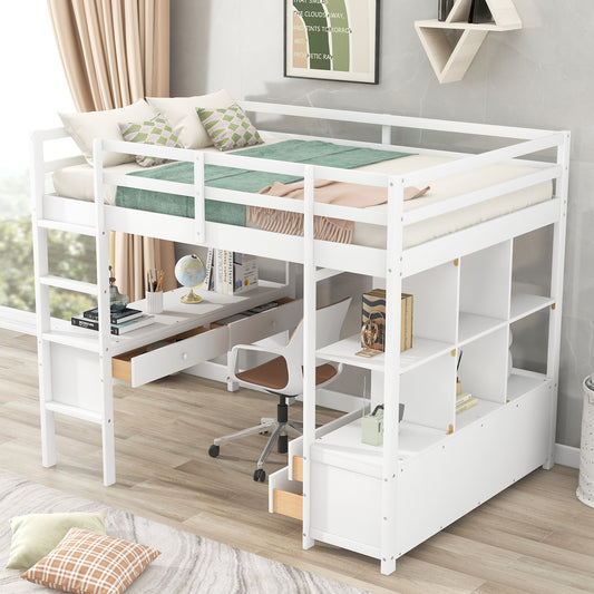 Full Size Loft Bed with Built-in Desk with Two Drawers, and Storage Shelves and Drawers,White