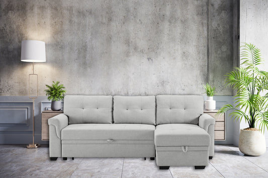 Hunter Light Gray Linen Sectional Sofa with Sleeper and Storage Chaise