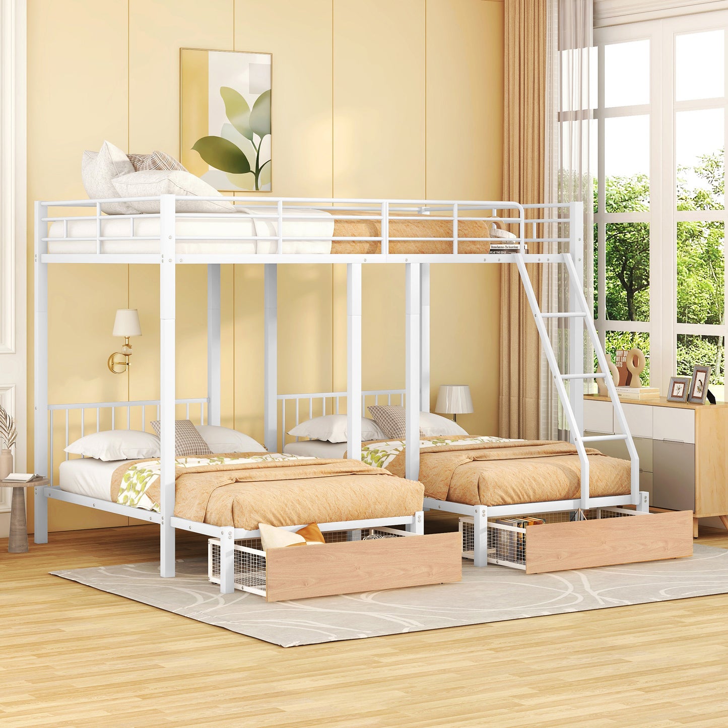 Triple Bunk Bed with Storage Drawers and Guardrails, Full Bed Over Twin & Twin