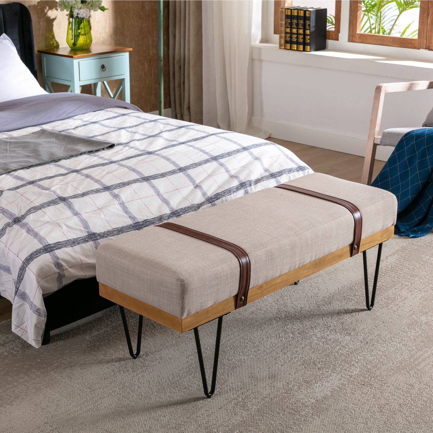 Linen Fabric soft cushion Upholstered solid wood frame Rectangle bed bench with powder coating metal legs ,Entryway footstool