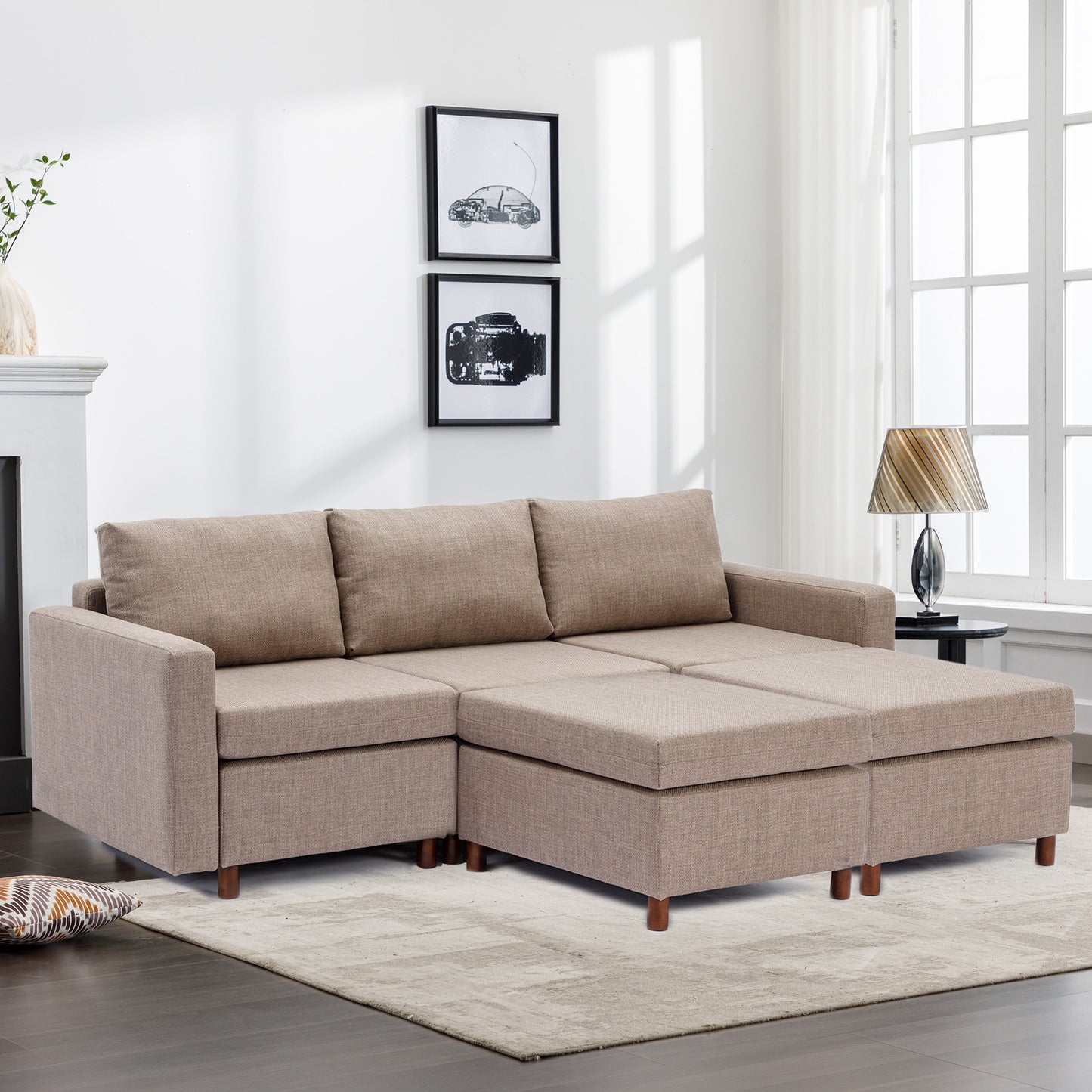 Brown Linen Sectional Sofa with Ottoman Set for Living Room, Non-Removable Seat and Back Cushions, Modern Design