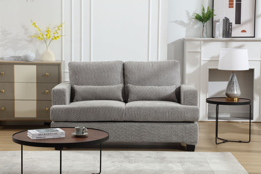 Elegant 63 Modern Loveseat with Square Armrest and 2 Waist Pillows (White & Gray Fabric)