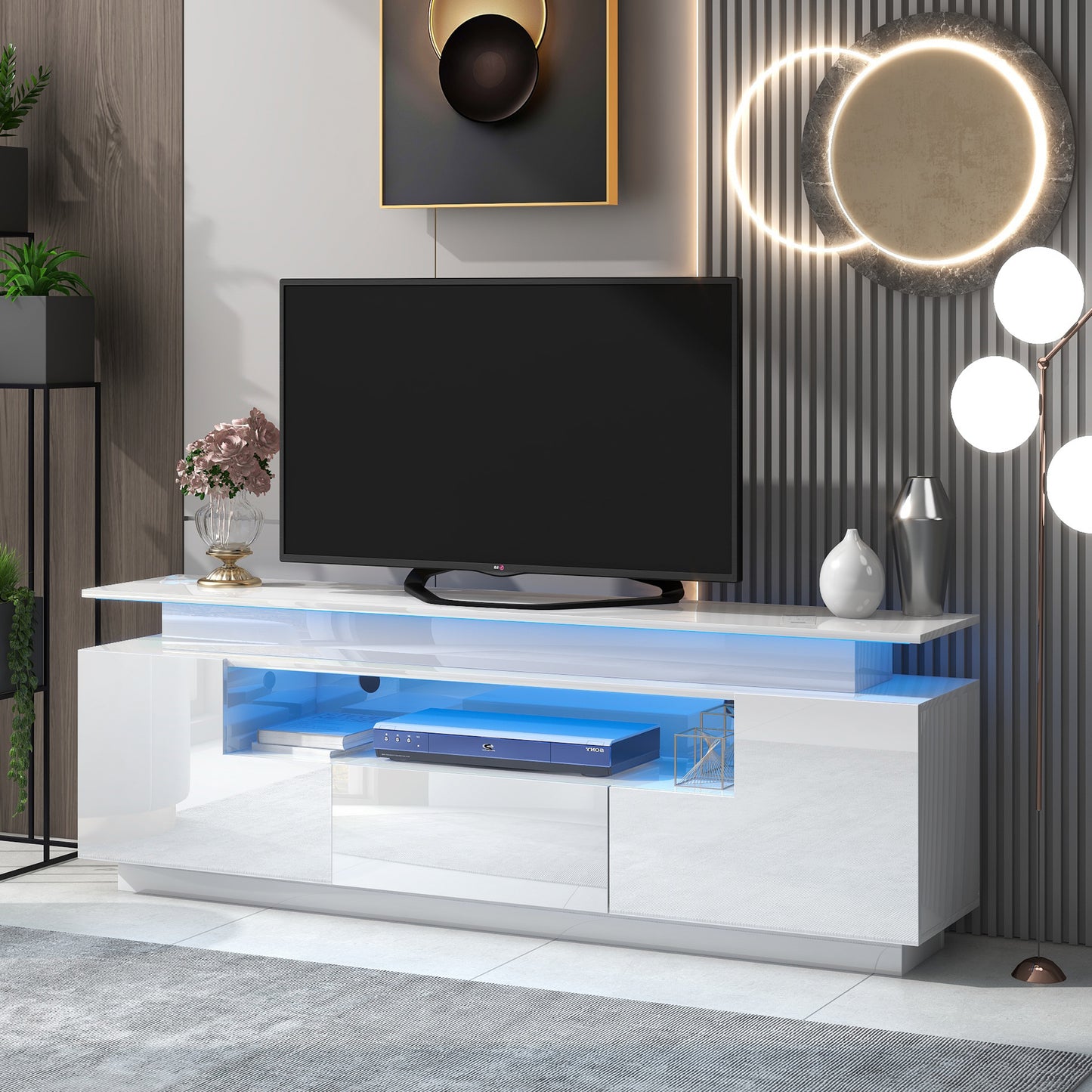 Sleek White LED TV Stand with Color Changing Lights & Ample Storage Space