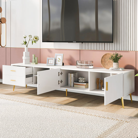 Stylish White Modern TV Stand with Champagne Legs - Accommodates TVs up to 77