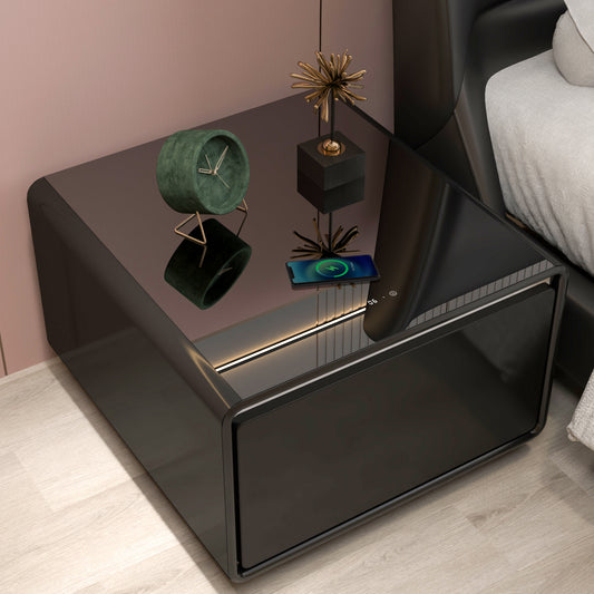 Modern Smart Side Table with Built-in Fridge, Wireless Charging, Temperature Control, Power Socket, USB Interface, Outlet Protection, Induction Light, Black