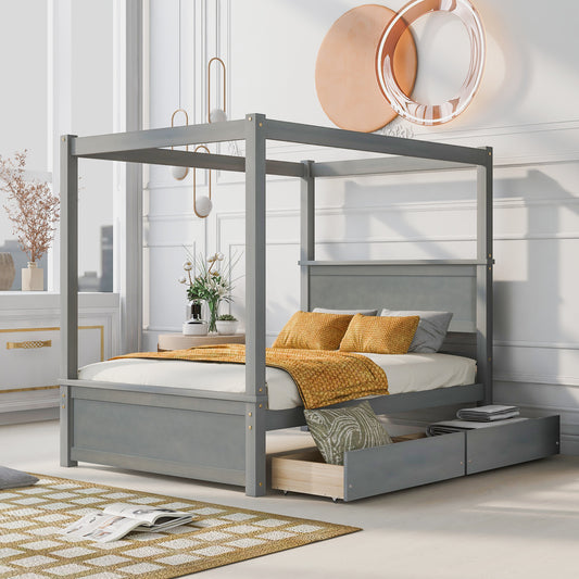 Wood Canopy Bed with two Drawers, Full Size Canopy Platform bed With Support Slats .No Box Spring Needed, Brushed Gray