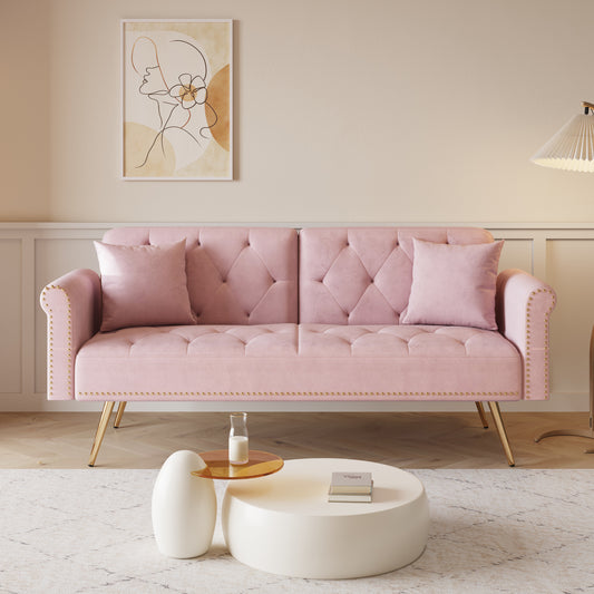 69.7 Elegant Pink Velvet Sofa Bed with Nail Head Accents and Throw Pillow