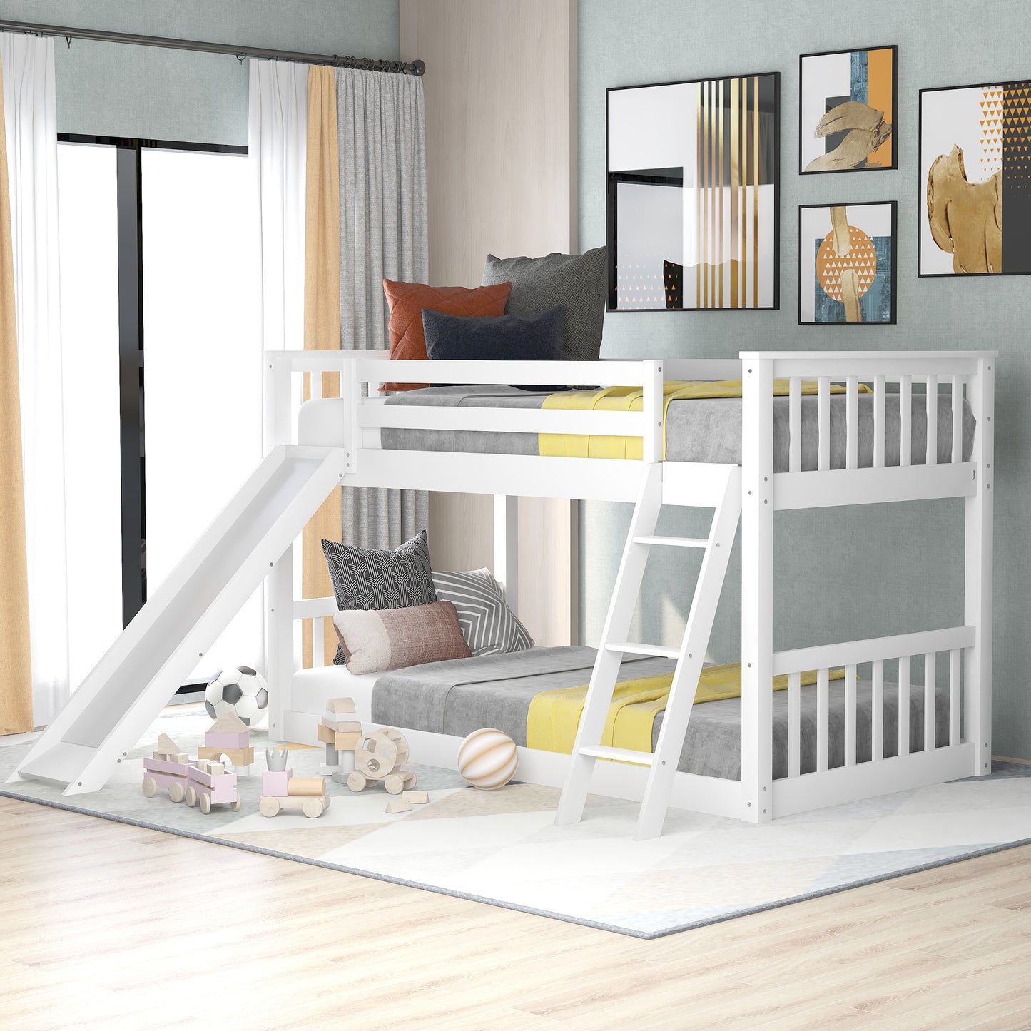 White Bunk Bed with Convertible Slide, Ladder, and Playful Design