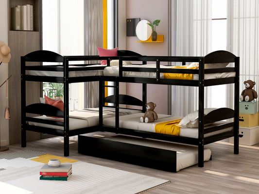 L-Shaped Bunk Bed with Trundle in Espresso Finish - Space-Saving Twin Bed Set for Families and Sleepovers