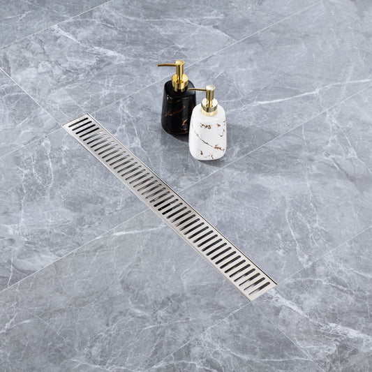 Brushed Nickel Linear Grid Shower Drain with Modern Design