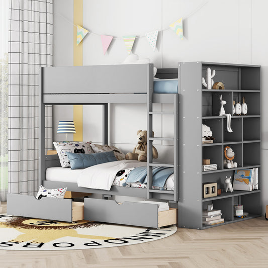 Versatile Gray Twin Bunk Bed with Storage Drawers and Multi-Layer Cabinet