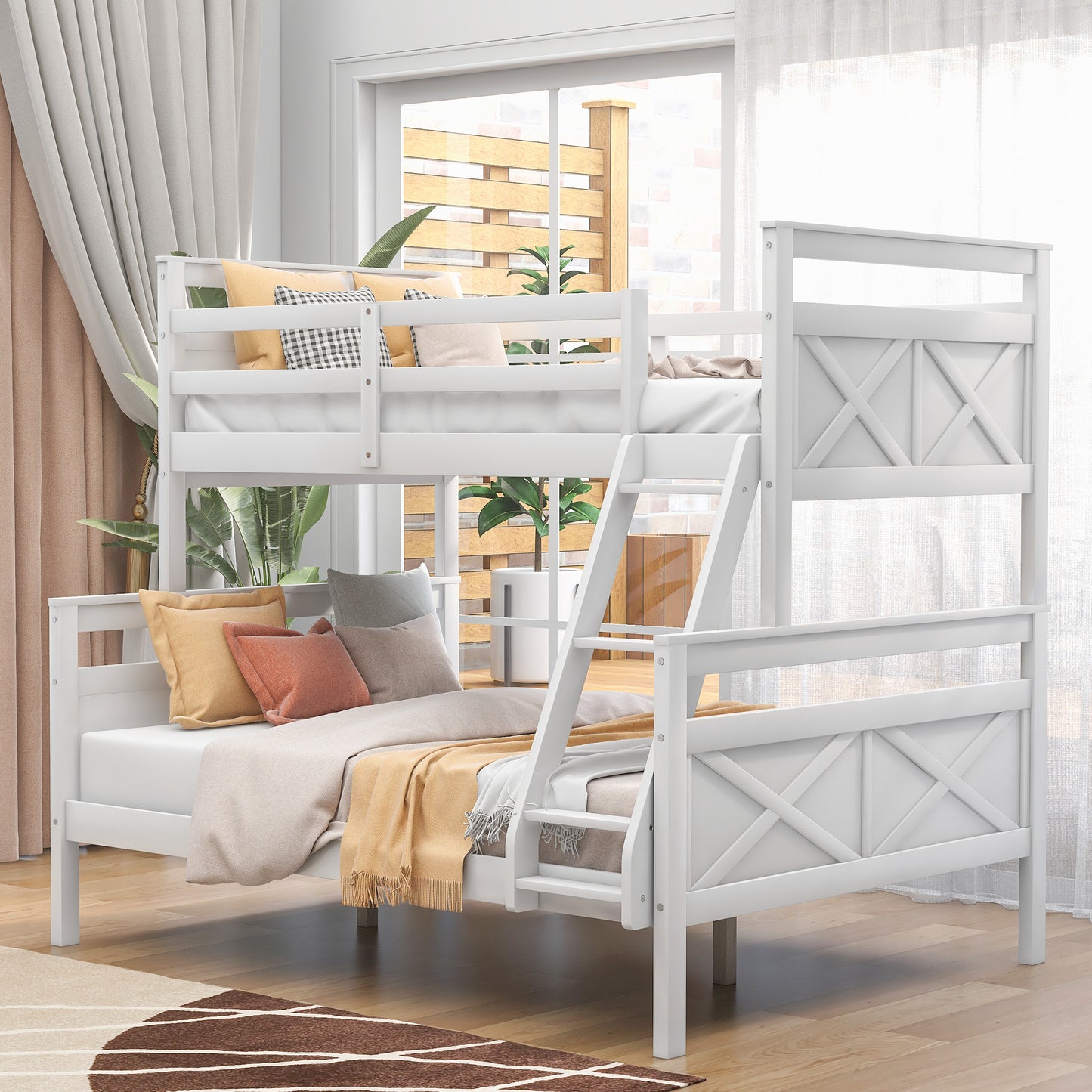 Elegant White Twin over Full Bunk Bed with Safety Guardrail and Ladder