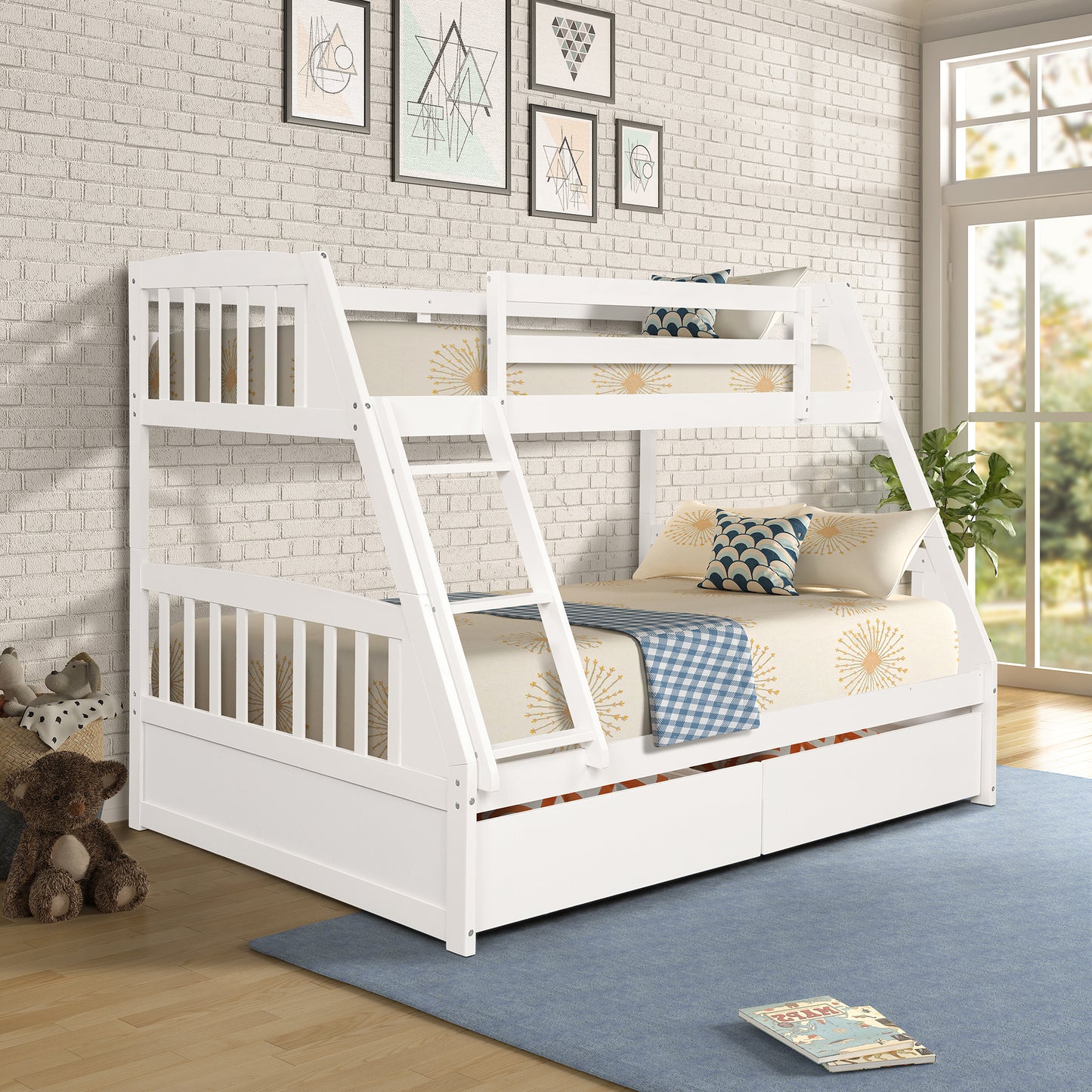 Solid Wood White Twin Over Full Bunk Bed with Two Storage Drawers