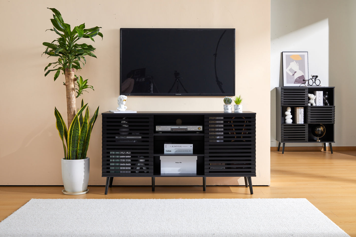 Mid-Century Black TV Stand with Hollow Doors and Storage Shelves for TVs up to 60