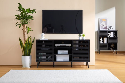 Mid-Century Black TV Stand with Hollow Doors and Storage Shelves for TVs up to 60