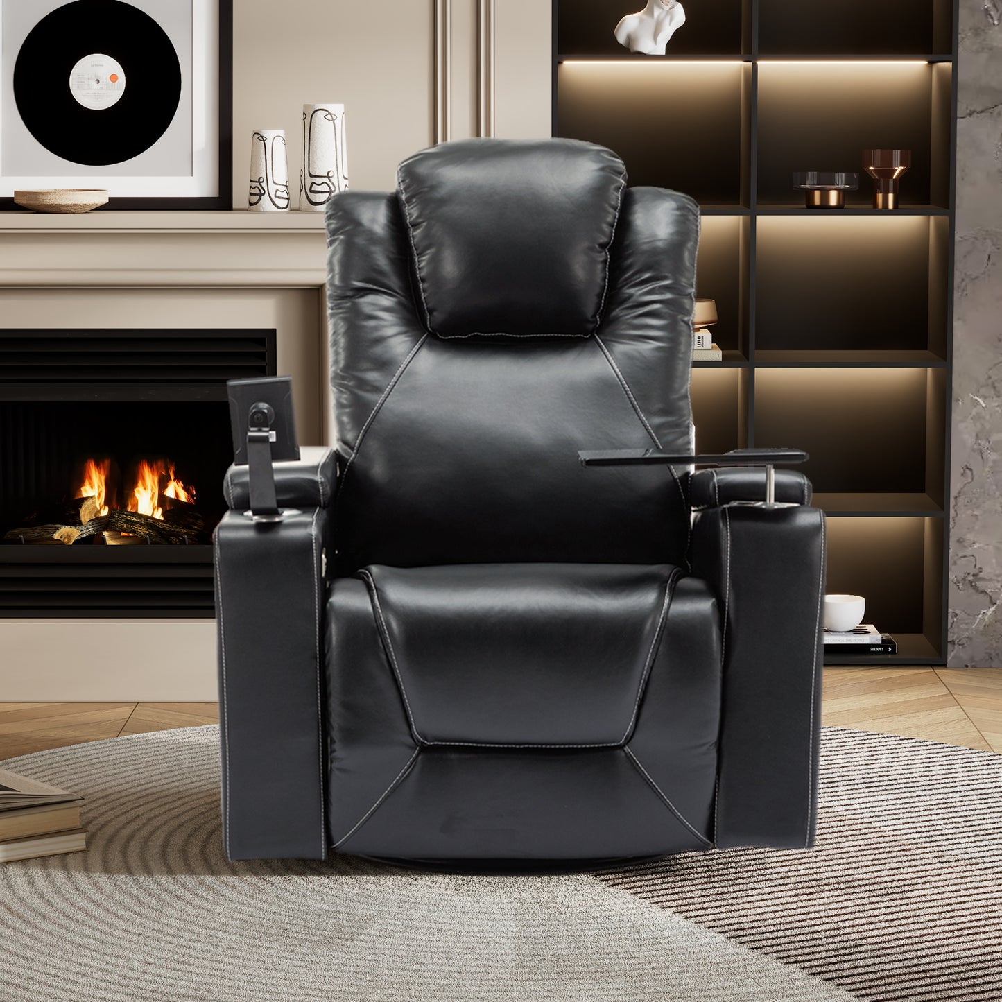 Luxurious Bluetooth Surround Sound Power Recliner with Swivel and Storage, Black