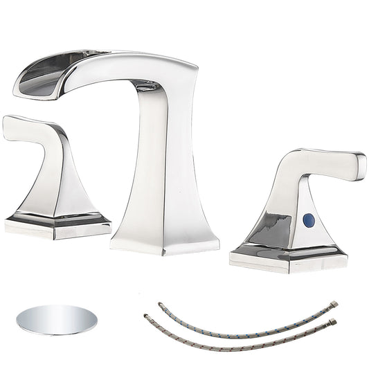 Waterfall Bathroom Sink Faucet with 2 Handles, Polished Chrome, 8-inch Wide