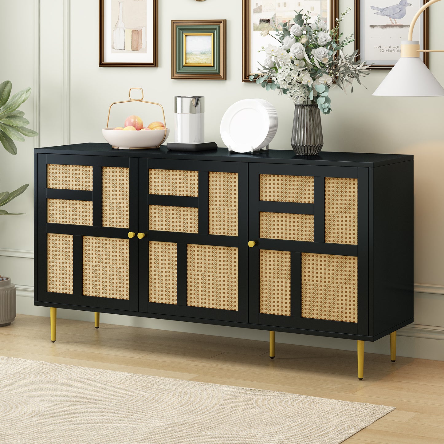 Modern Entertainment Console Table with Rattan Doors for TVs up to 55