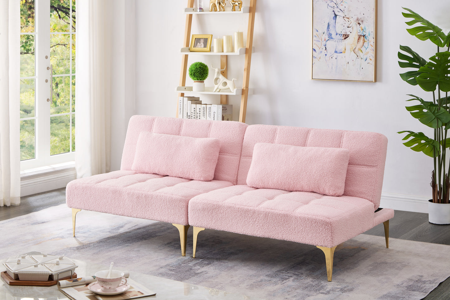 Convertible Pink Teddy Fabric Sofa Bed with Gold Metal Legs