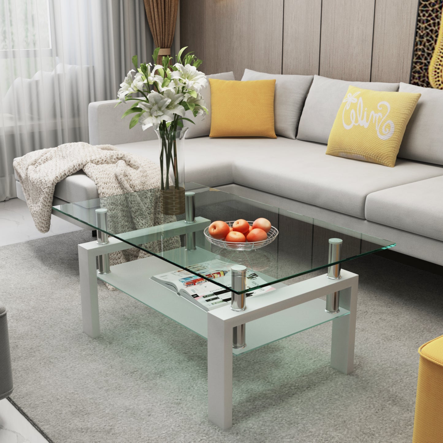 Elegant White Glass Coffee Table with Storage - Modern Living Room Furniture