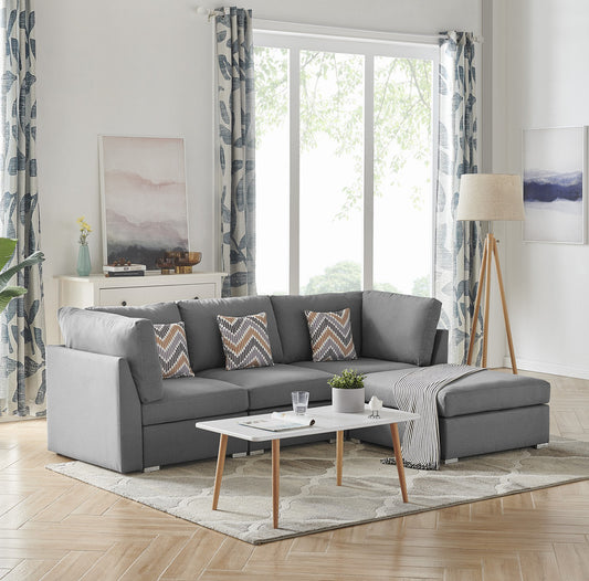 Amira Gray Fabric Sofa Set with Ottoman and Accent Pillows