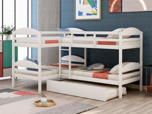 L-Shaped Bunk Bed with Trundle and Three Twin Size Beds