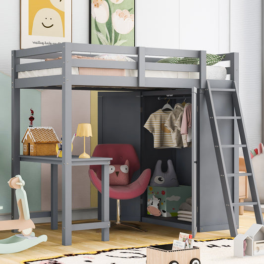 Twin Size Loft Bed with Wardrobe and Desk, Gray