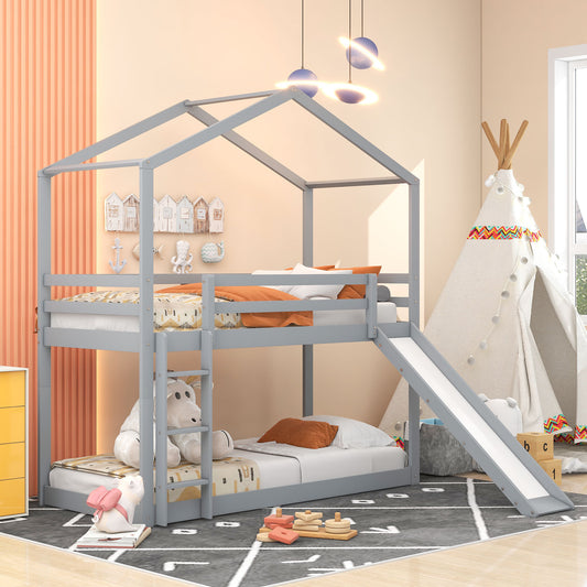 House-Themed Twin Bunk Bed with Slide, Roof, and Ladder for Kids