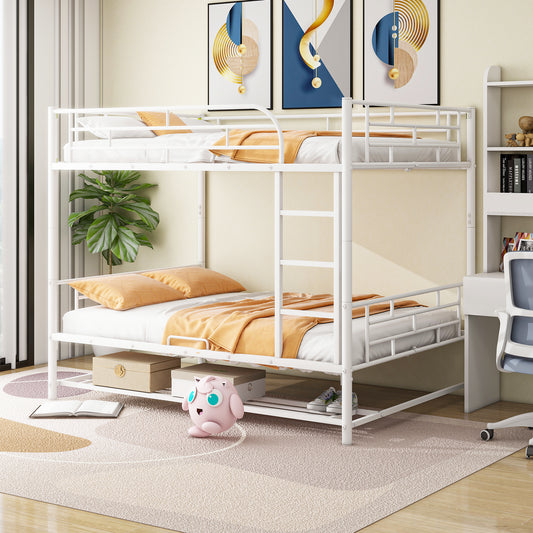 Full Metal Bunk Bed with Shelf and Guardrails in White, Full Over Full