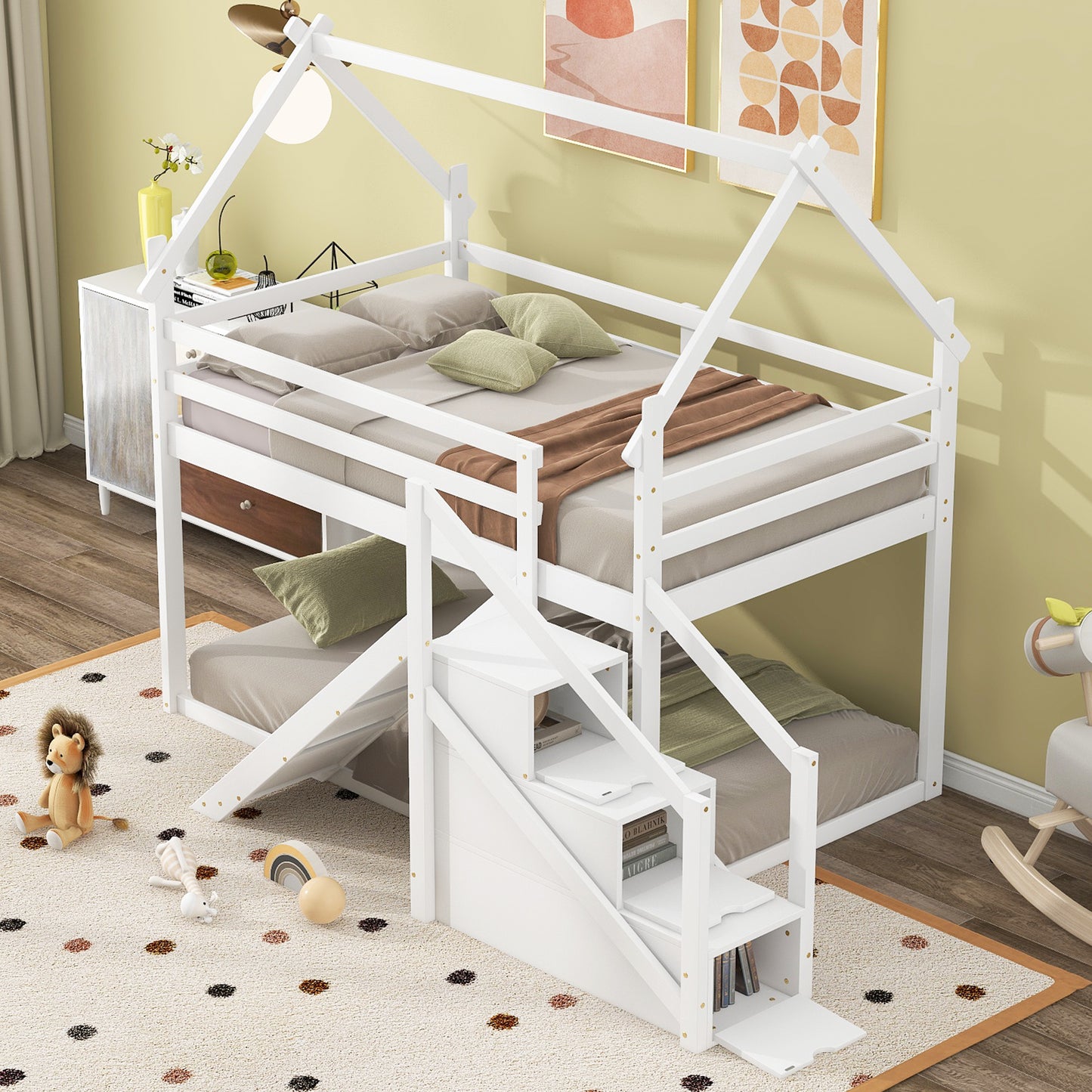 White Twin over Twin House Loft Bunk Bed with Slide, Staircase, Storage, and Play Area