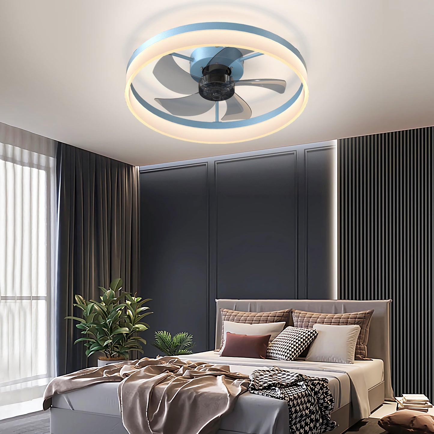 Modern Blue Ceiling Fans with Dimmable LED Lights