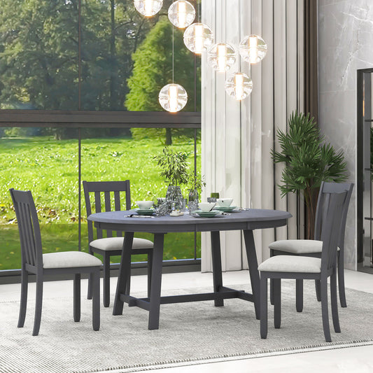 TREXM 5-Piece Wood Dining Table Set Round Extendable Dining Table with 4 Dining Chairs, Dining Room Table Set for 4 person for Dining Room (Gray)