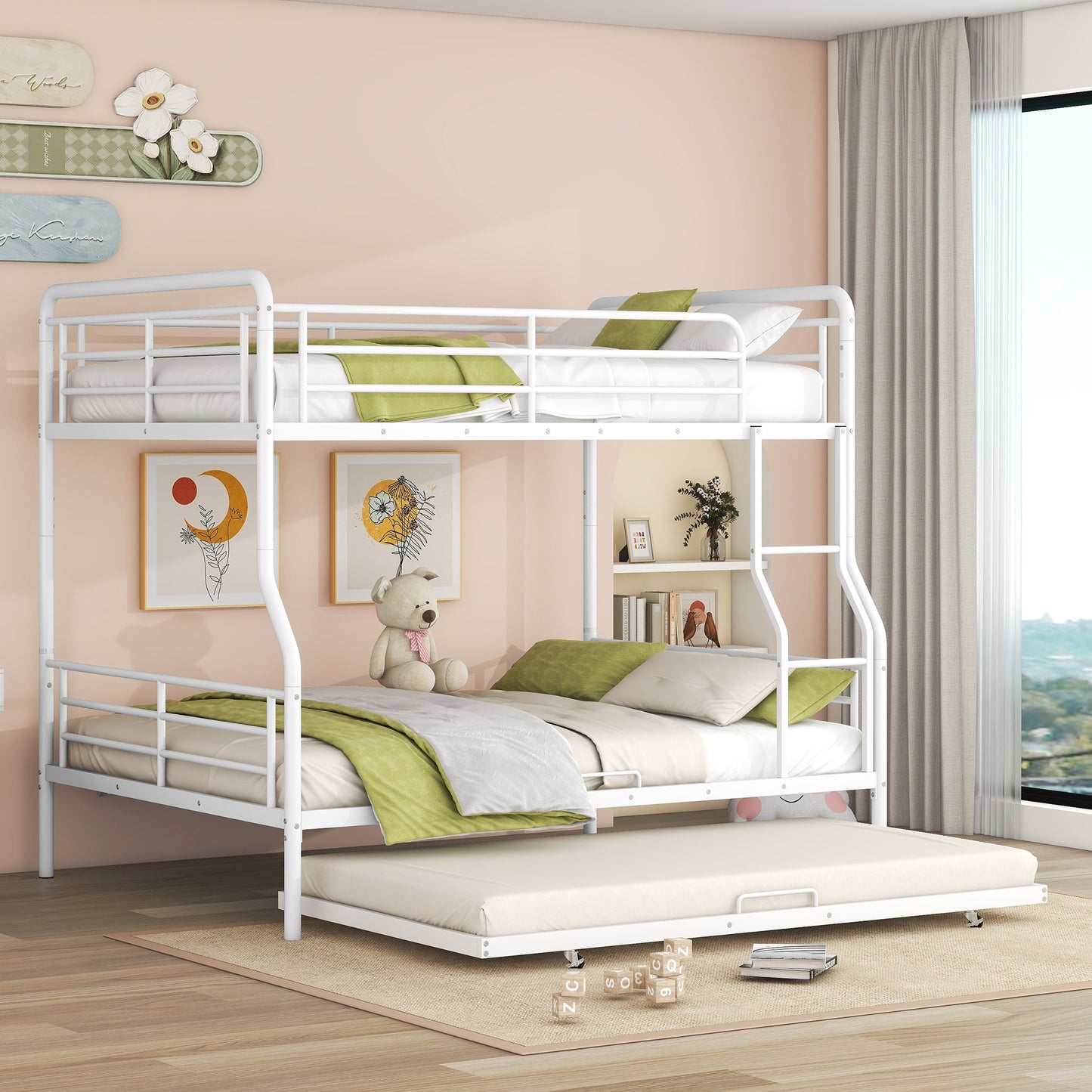XL Full Over Queen Metal Bunk Bed with Twin Size Trundle in White Chrome Finish
