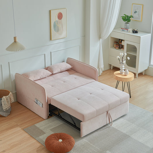 Chenille fabric pull-out sofa bed,sleeper loveseat couch with adjustable armrests-Pink