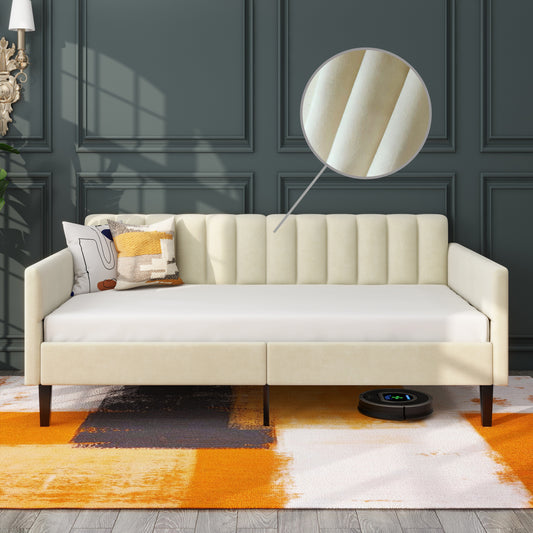 Elena Twin Size Beige Velvet Upholstered Daybed, Ribbed Tufted Backrest, Daybed in Lavish Modern Design, Richly Hued Foam Comfort