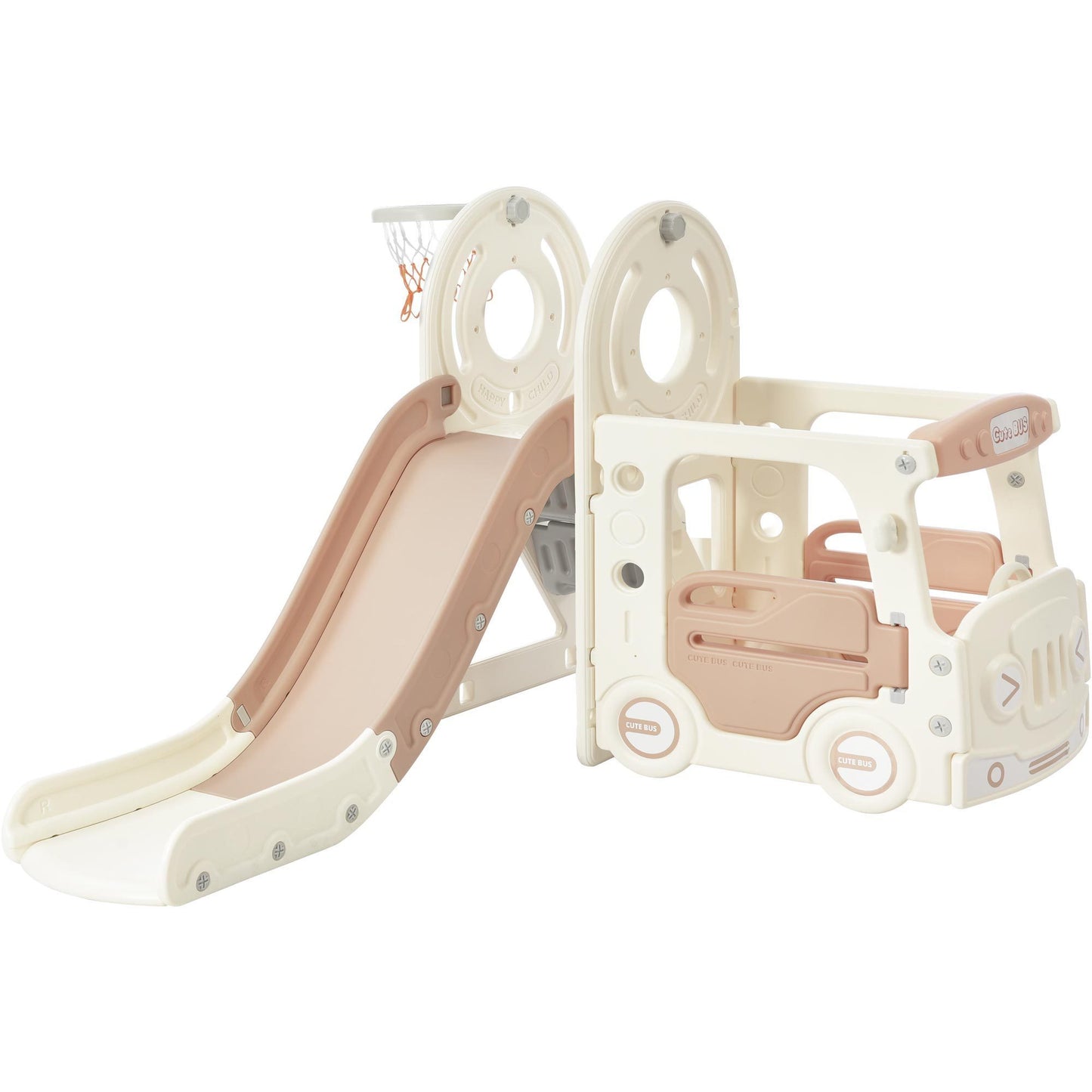 Bus-Themed Kids' Slide Set with Basketball Hoop and Freestanding Play Structure