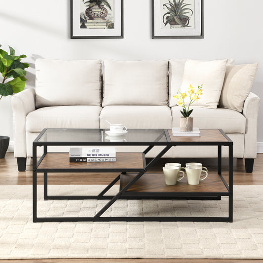 Sleek Black Coffee Table with Tempered Glass Top and Storage Shelf: Ideal for Living Room and Bedroom