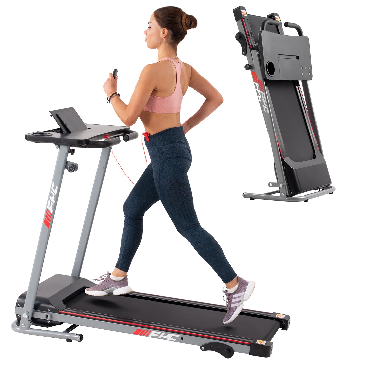 FYC Folding Treadmill for Home with Desk - 2.5HP Compact Electric Treadmill for Running and Walking Foldable Portable Running Machine for Small Spaces Workout, 265LBS Weight Capacity