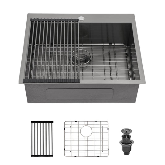 Gunmetal Black 28x22 Drop In Topmount Stainless Steel Kitchen Sink - Handcrafted Artisan Grade Sink